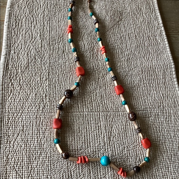 Turquoise, coral, and natural dried seed or wooden beads. - Picture 2 of 3